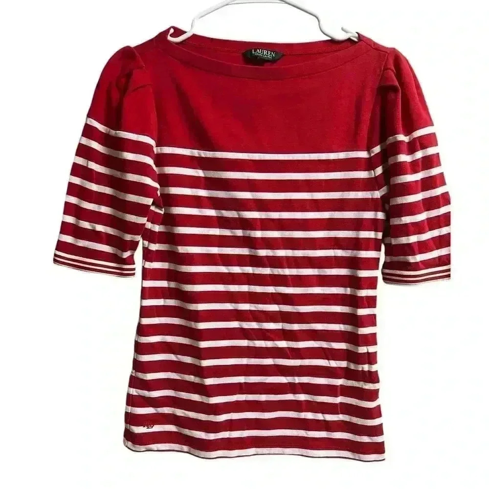 Lauren Ralph Lauren Red and White Striped Boatneck Top
